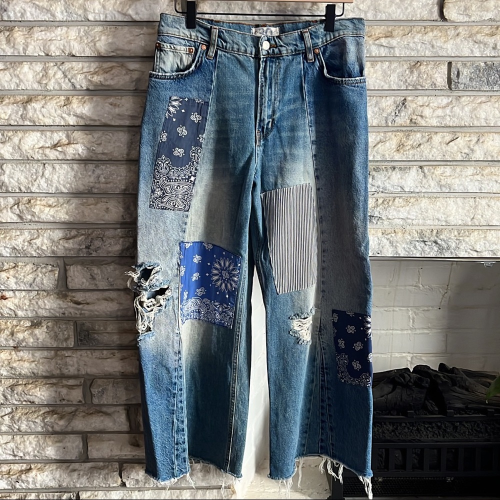 Free People Heart Of Gold Jeans Wide Leg Bandana Patched Crop Distressed Size 30